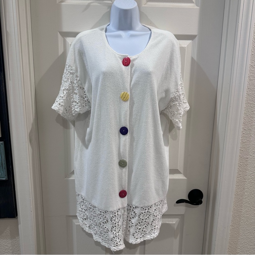 Michele Leslie Vintage White Lace Button-Front Coverup Multi-color Buttons Large